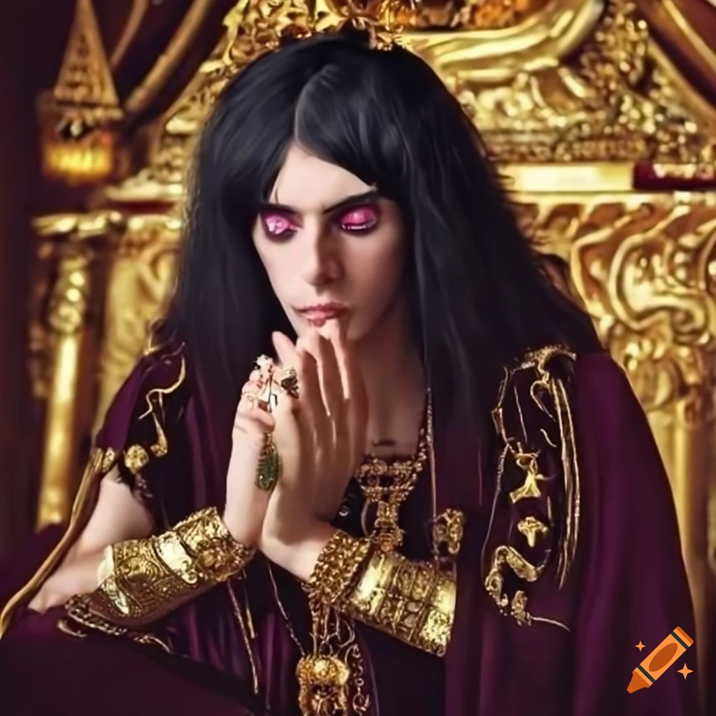 Portrait of a young king with purple eyes wearing a golden crown on his ...