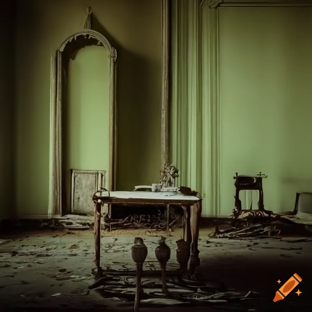 Abandoned ornate room with peeling paint and a missing wall leading to
