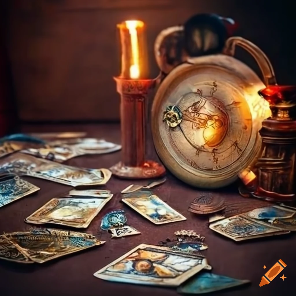 Tarot cards on antique table with steampunk style