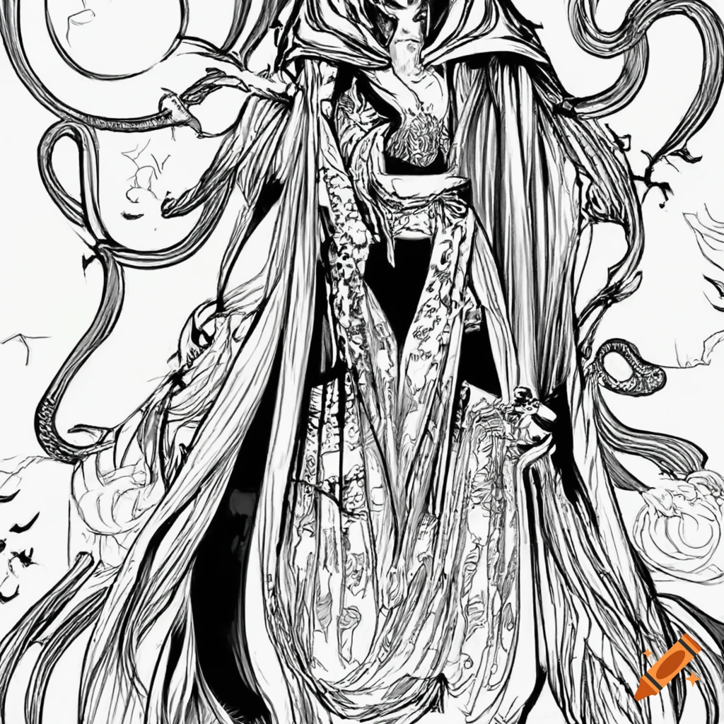 Black and white drawing of a female sorcerer
