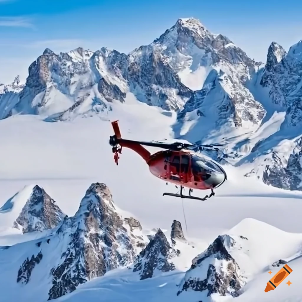 Rescue helicopters flying over snow-capped peaks while snowboarders descend