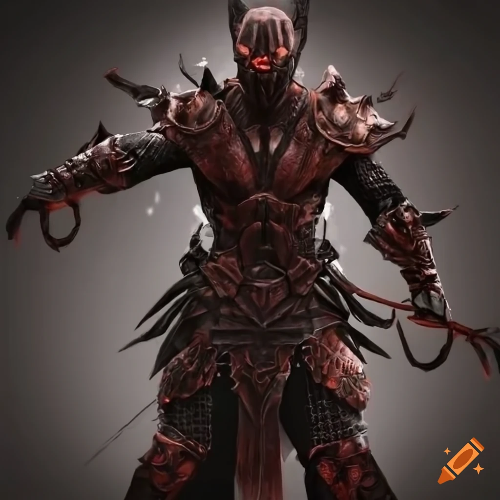 Ninja in demonic battle armor with ghostly background