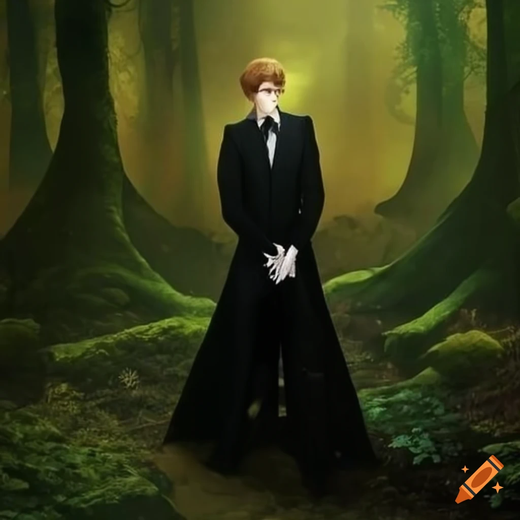 Stuart in a gold and black tuxedo lying face down in a magical forest