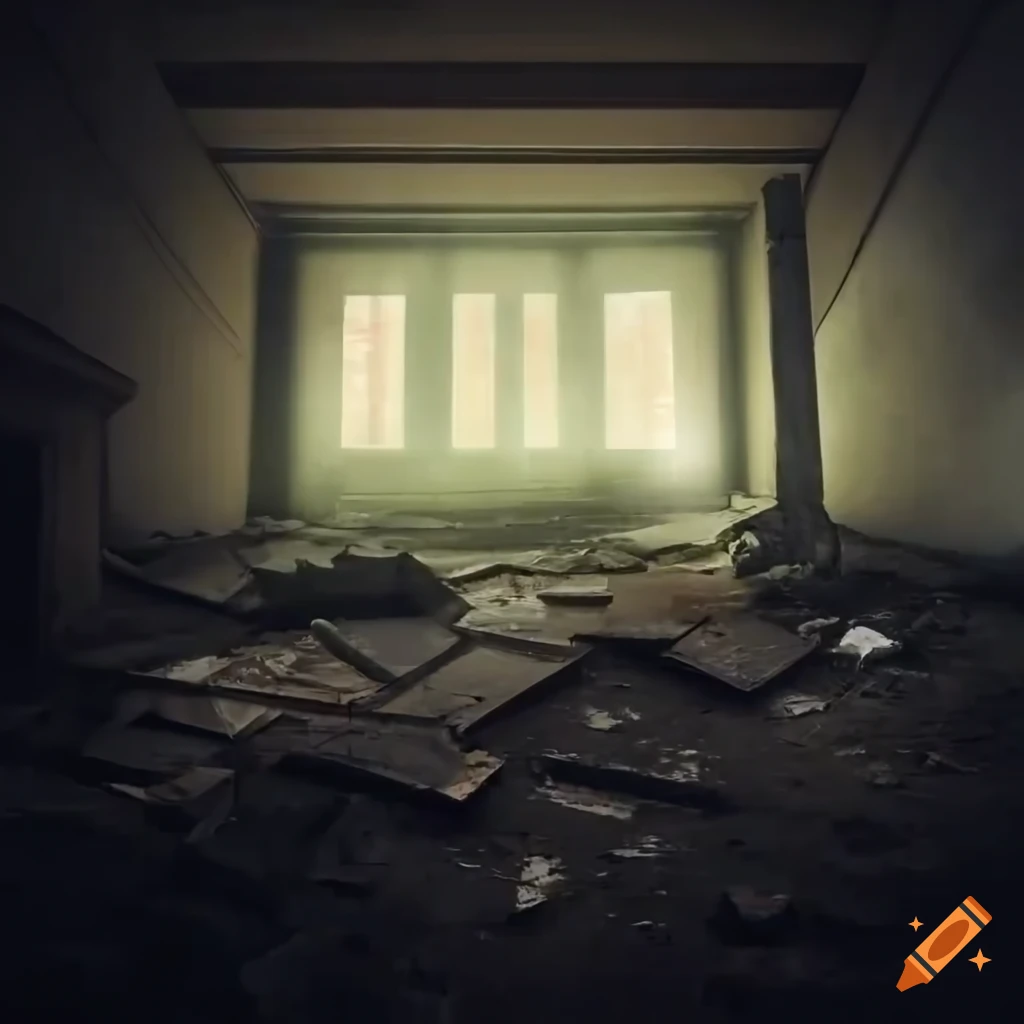 Collapsed floor of a sunny abandoned attic with glowing fog