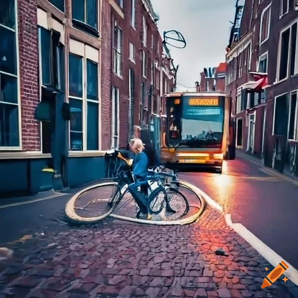 Bicycle accident in front of a bus seen from a bus window in Leiden