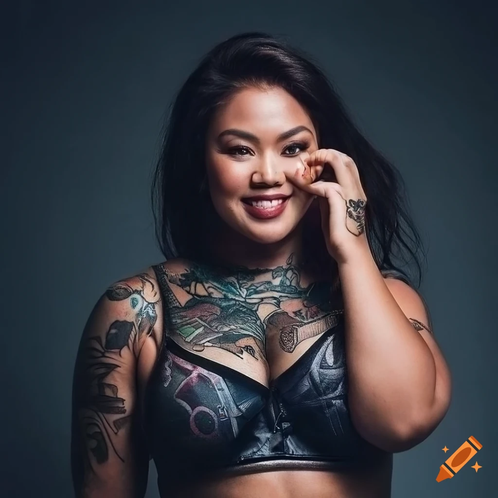 Full body photo of a confident and strong Filipina model with tattoos and great physique