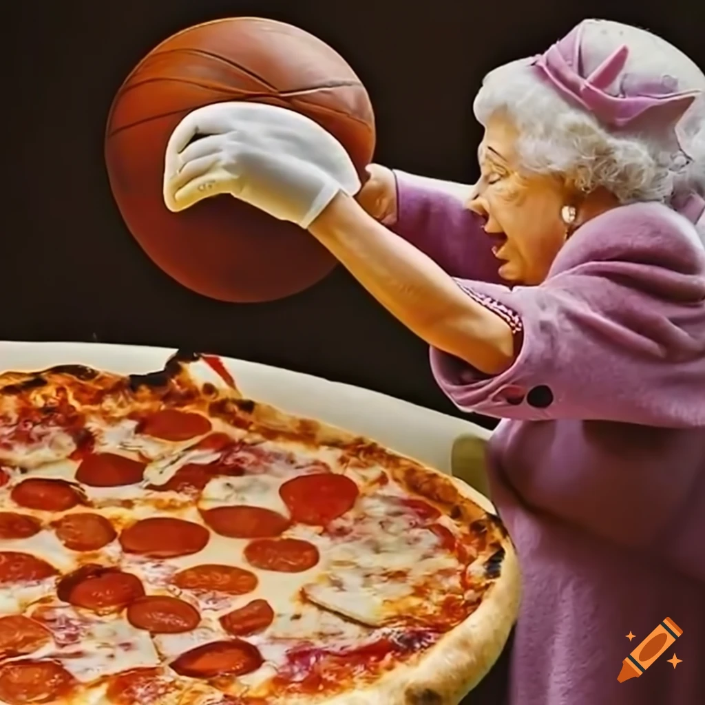 Queen elizabeth spinning a pizza like a basketball on Craiyon