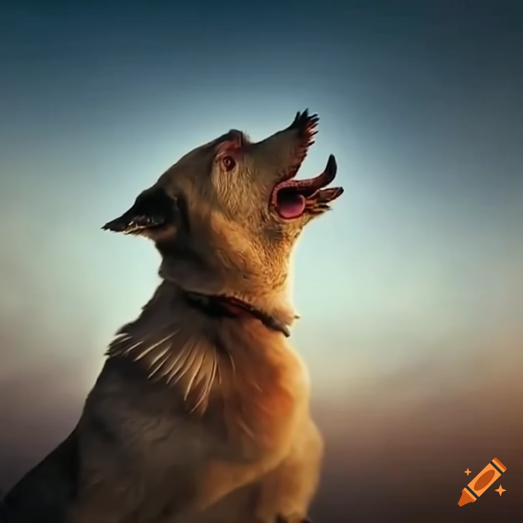 Dog barking at flying chickens in the sky on Craiyon