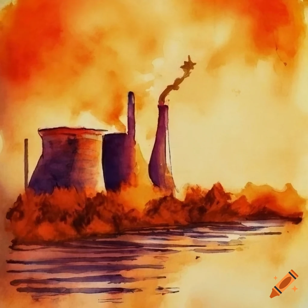 Watercolor drawing of a factory polluting a river with dark and orange tones