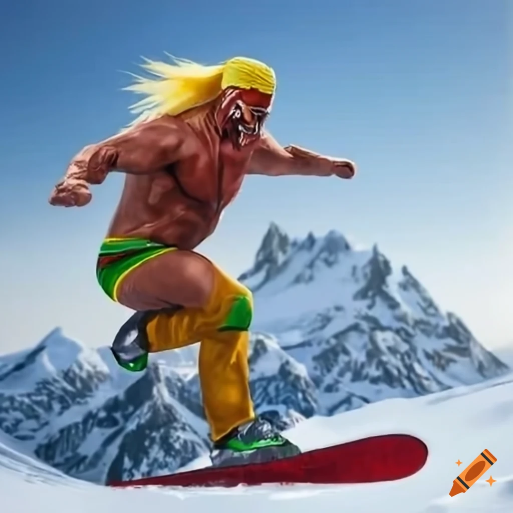 Hulk Hogan jumping with a snowboard on a snow mountain