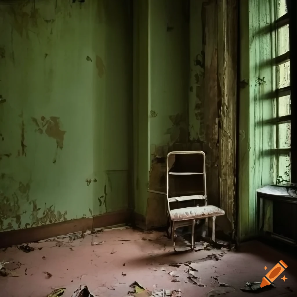 Abandoned ornate room with peeling paint and a missing wall leading to