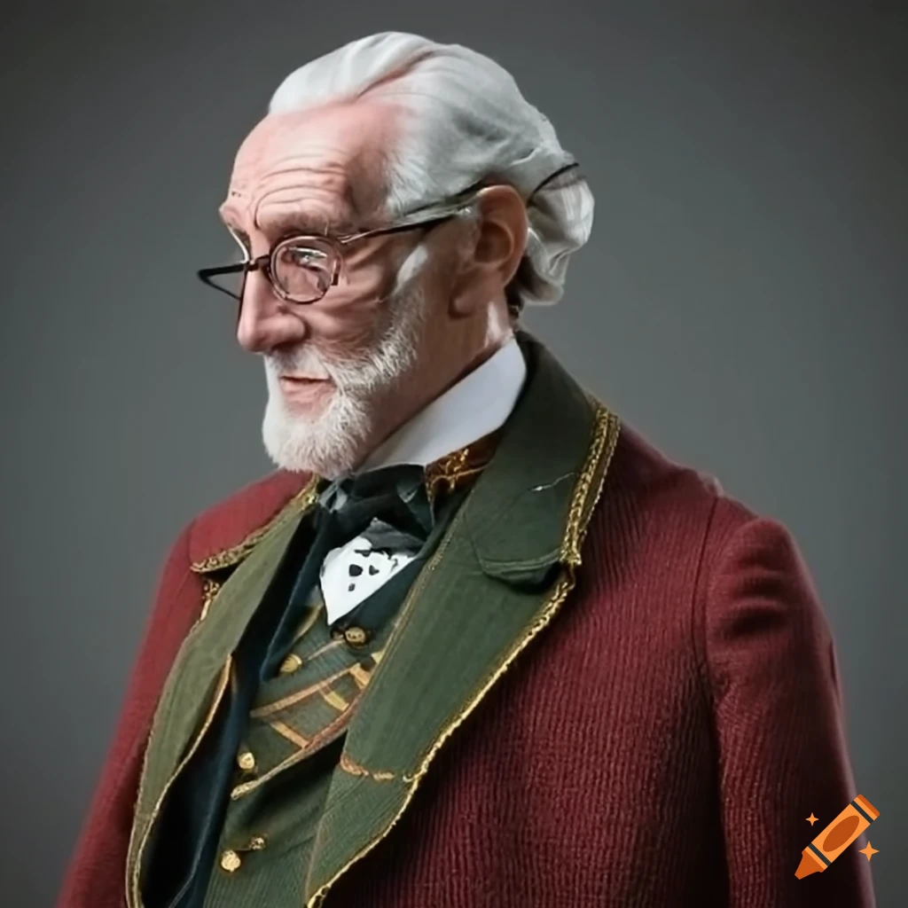 Elderly Englishman in 1800s attire and glasses