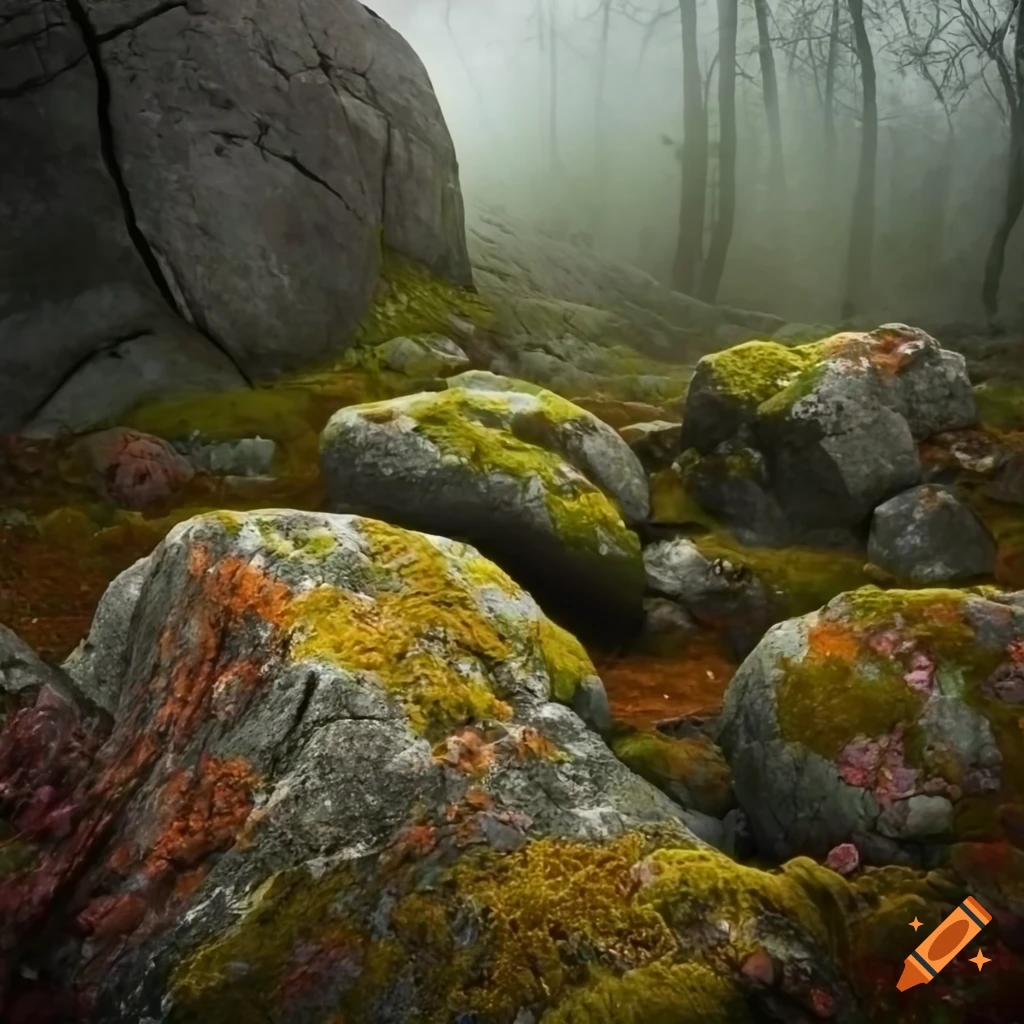 Talus field with granite glacial erratic boulders, moss, vines, and colorful lichen