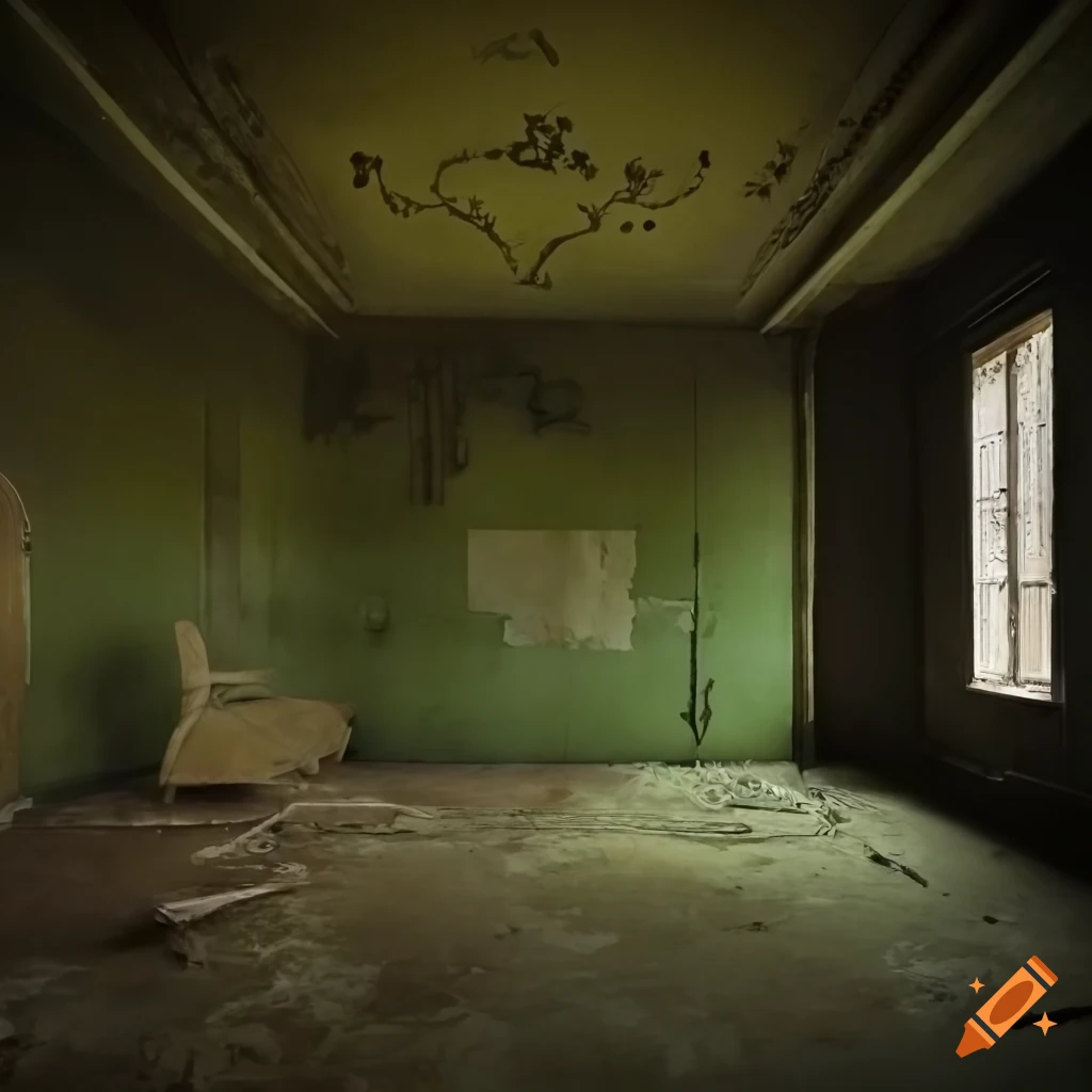 Abandoned ornate room with peeling paint and a missing wall leading to
