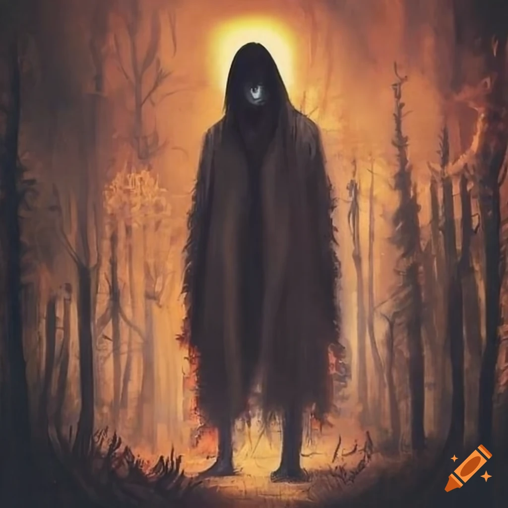 Mysterious man in a burning forest with a glowing eye, inspired by