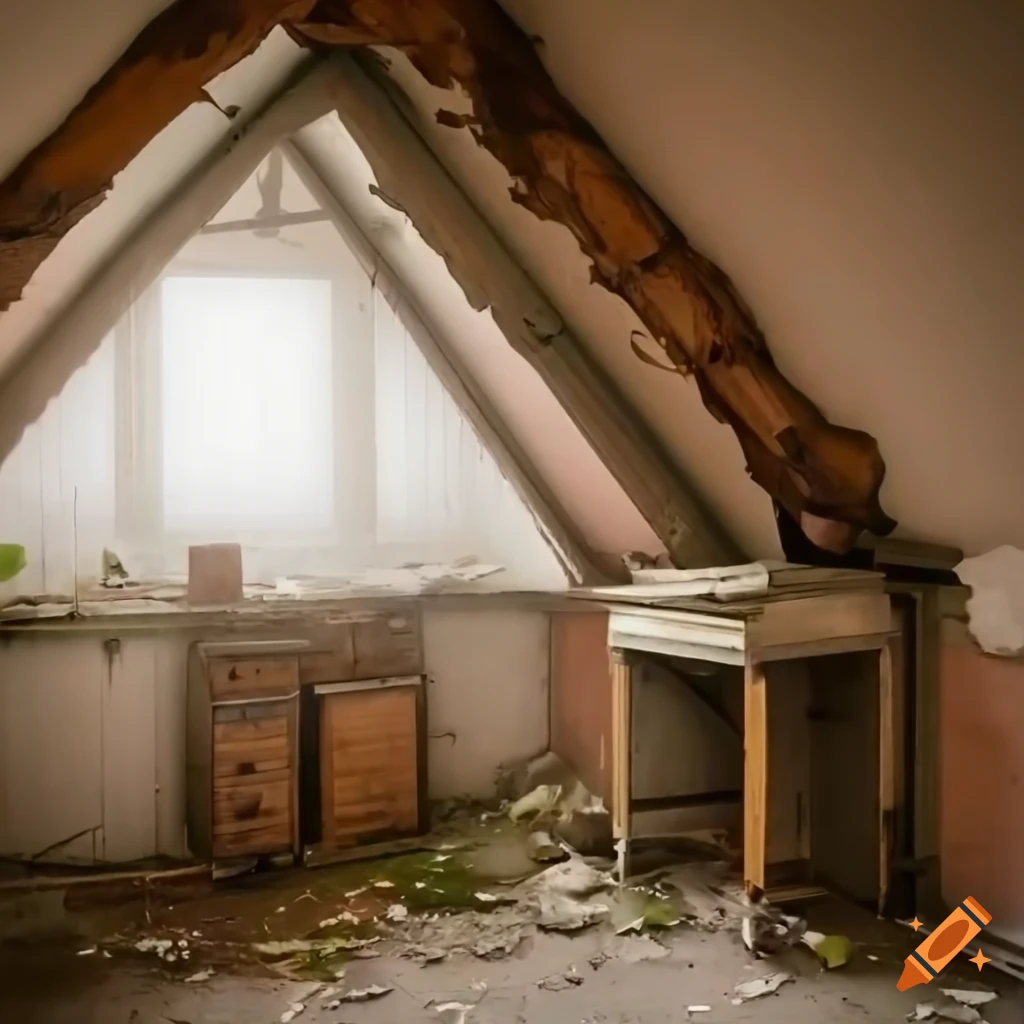 Foggy abandoned attic kitchen with skylights and peeling paint
