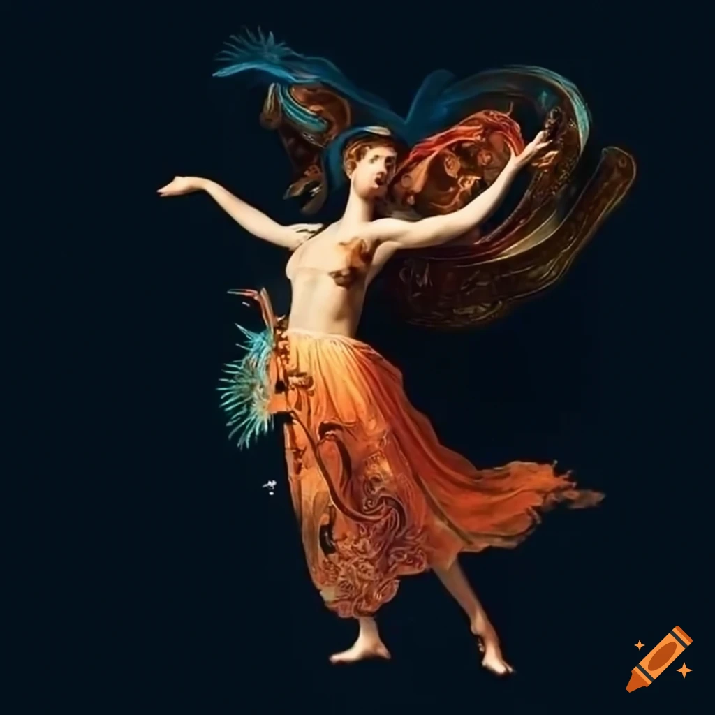 Renaissance-inspired tableau of the 9 Muses engaging in a joyful dance