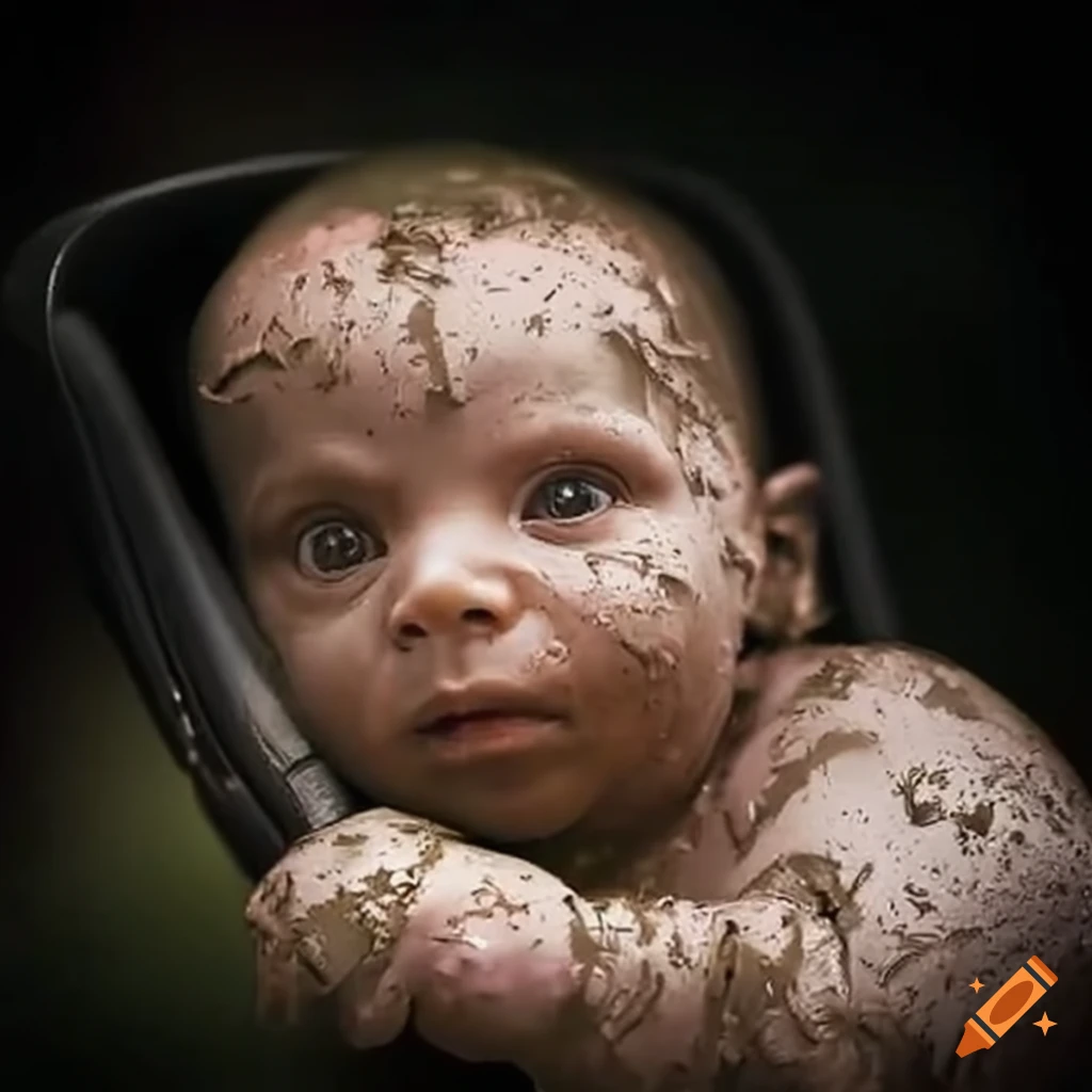 Baby covered in mud in a car seat