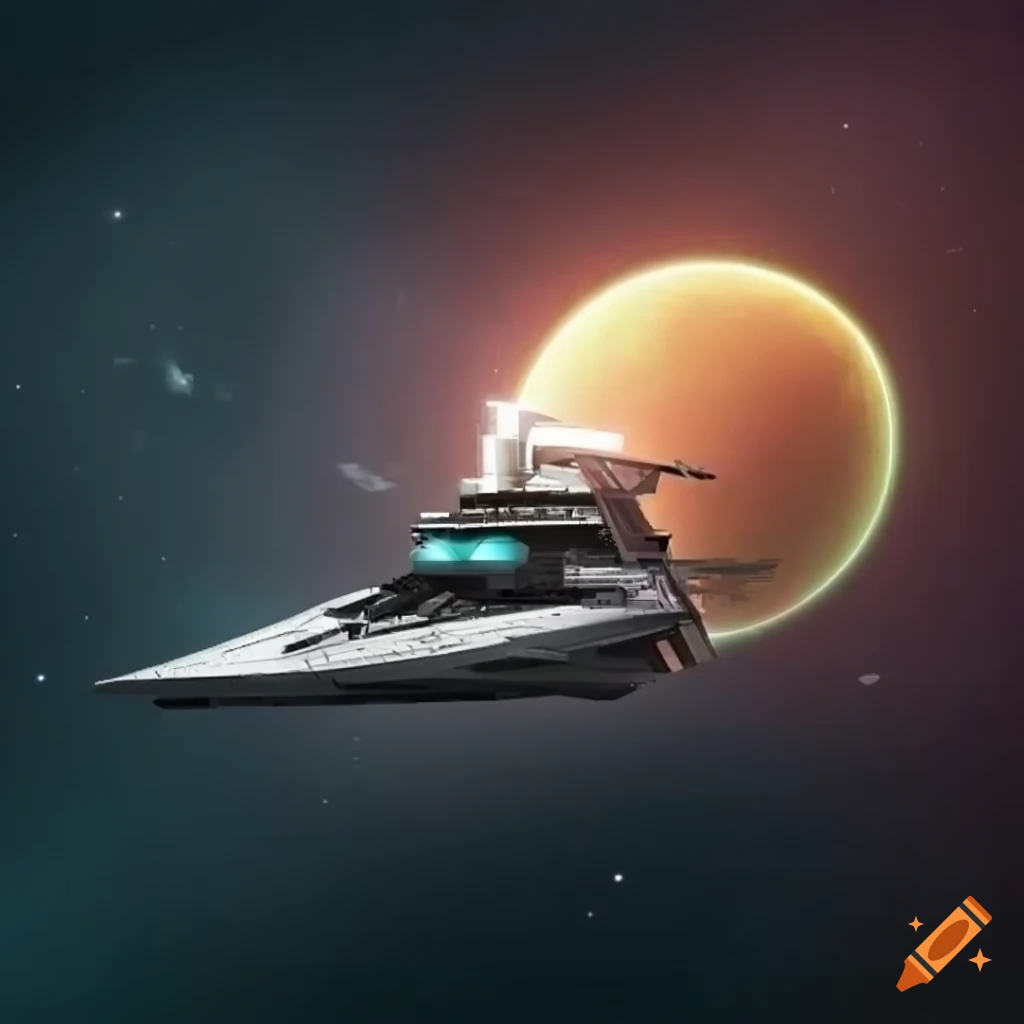 Futuristic space sailing ship between interstellar planets and stars