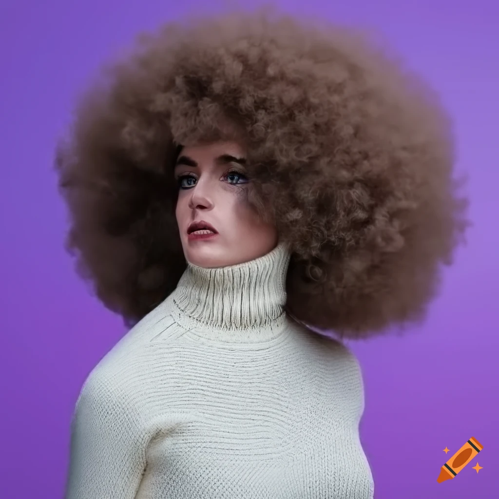 Rear view portrait of a young woman with a massive afro and white turtleneck sweater