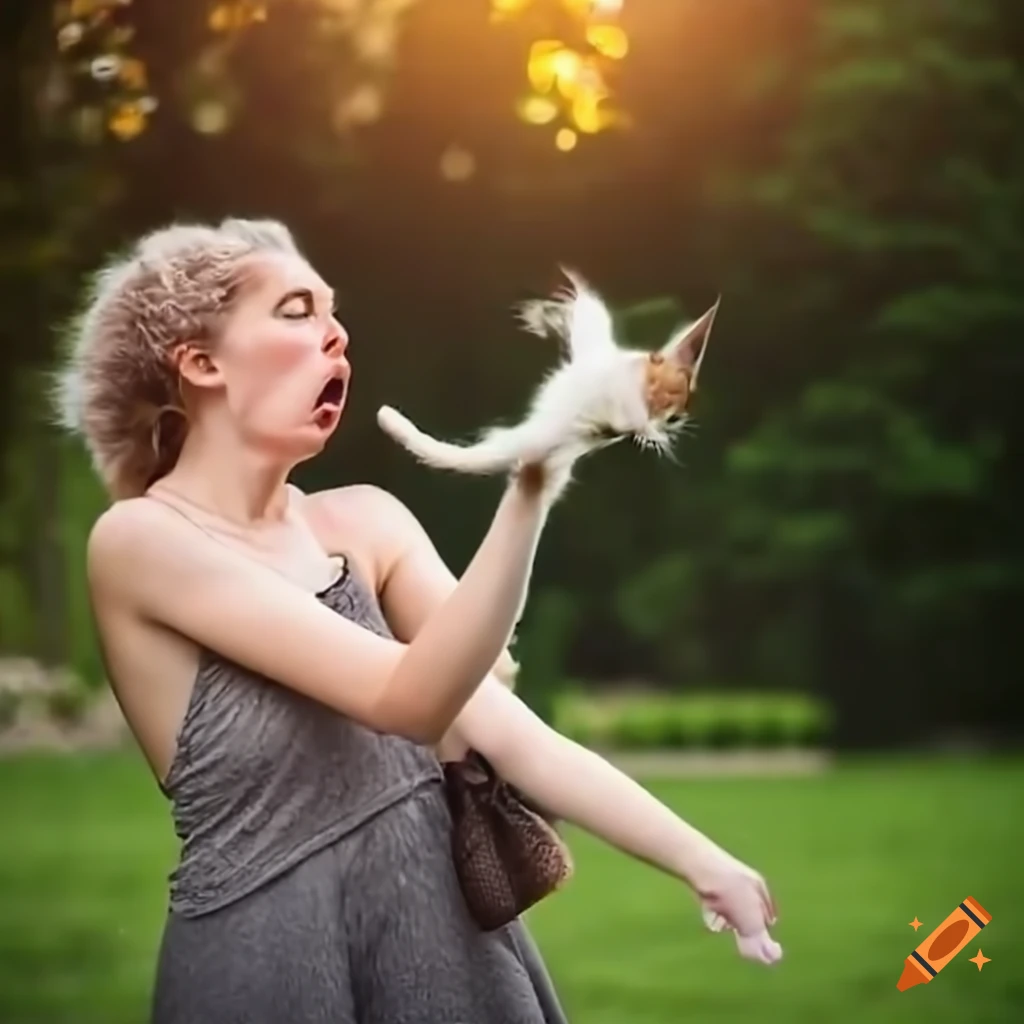 Startled woman throwing a cat in the air outdoors on Craiyon