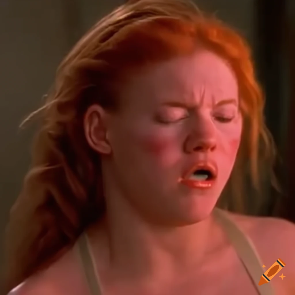 Ginger woman fighter in a 90s movie fight scene looking extremely dizzy