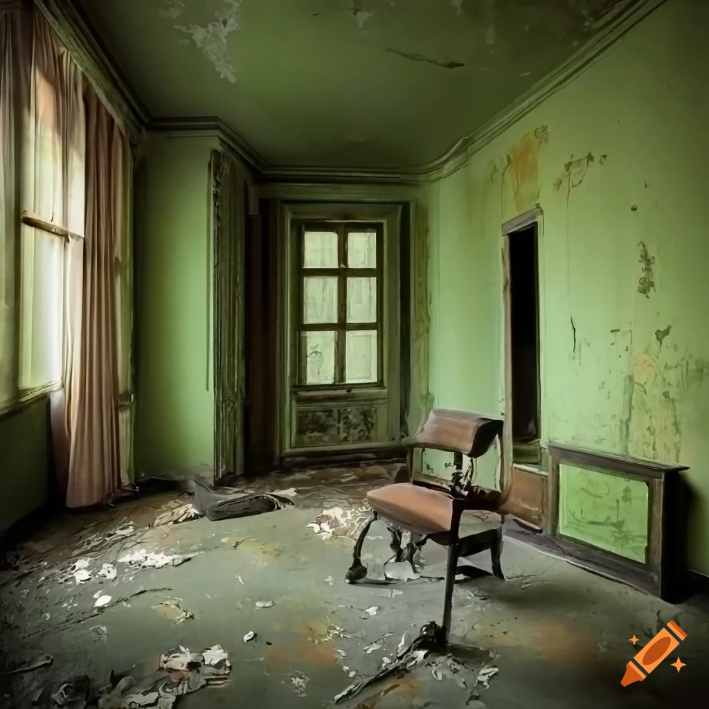 Abandoned ornate room with peeling paint and missing wall leading to a