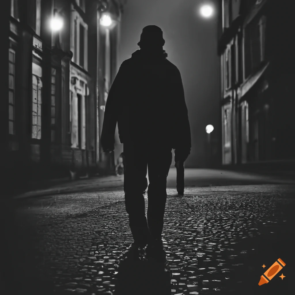 Silhouette of a man walking down a dark street with glowing ...