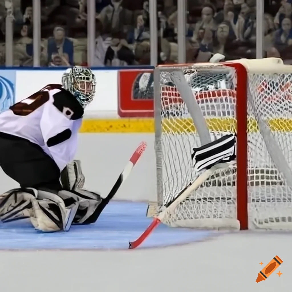 Hockey player scoring a goal in ice hockey on Craiyon