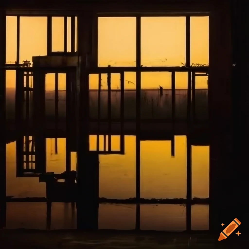 Abandoned industrial swimming pool with peeling paint and vertical windows during foggy sunset