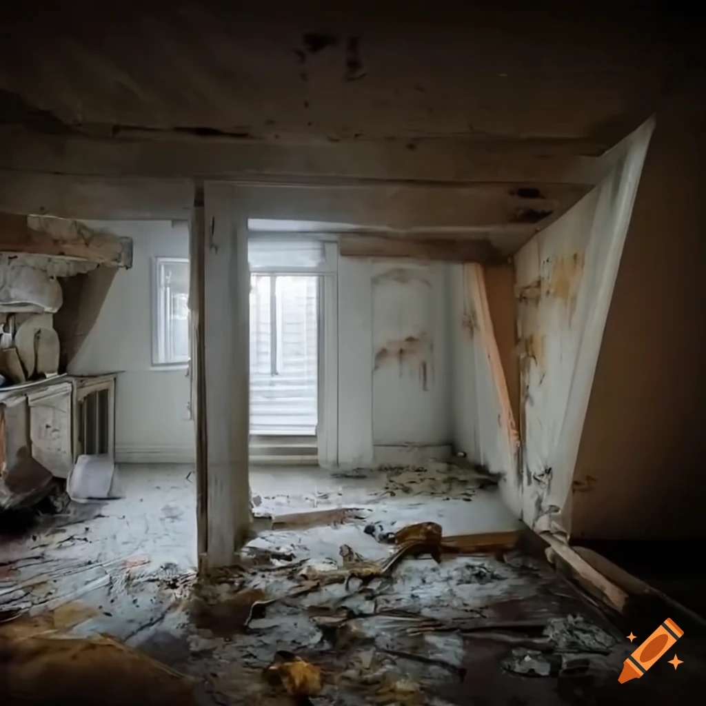 Foggy abandoned attic kitchen with skylights and peeling paint