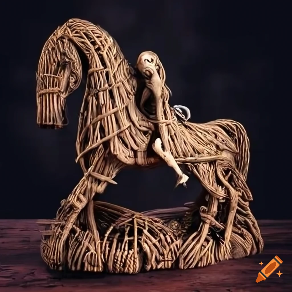 Creepy fantasy wicker statue of a horse and rider on Craiyon