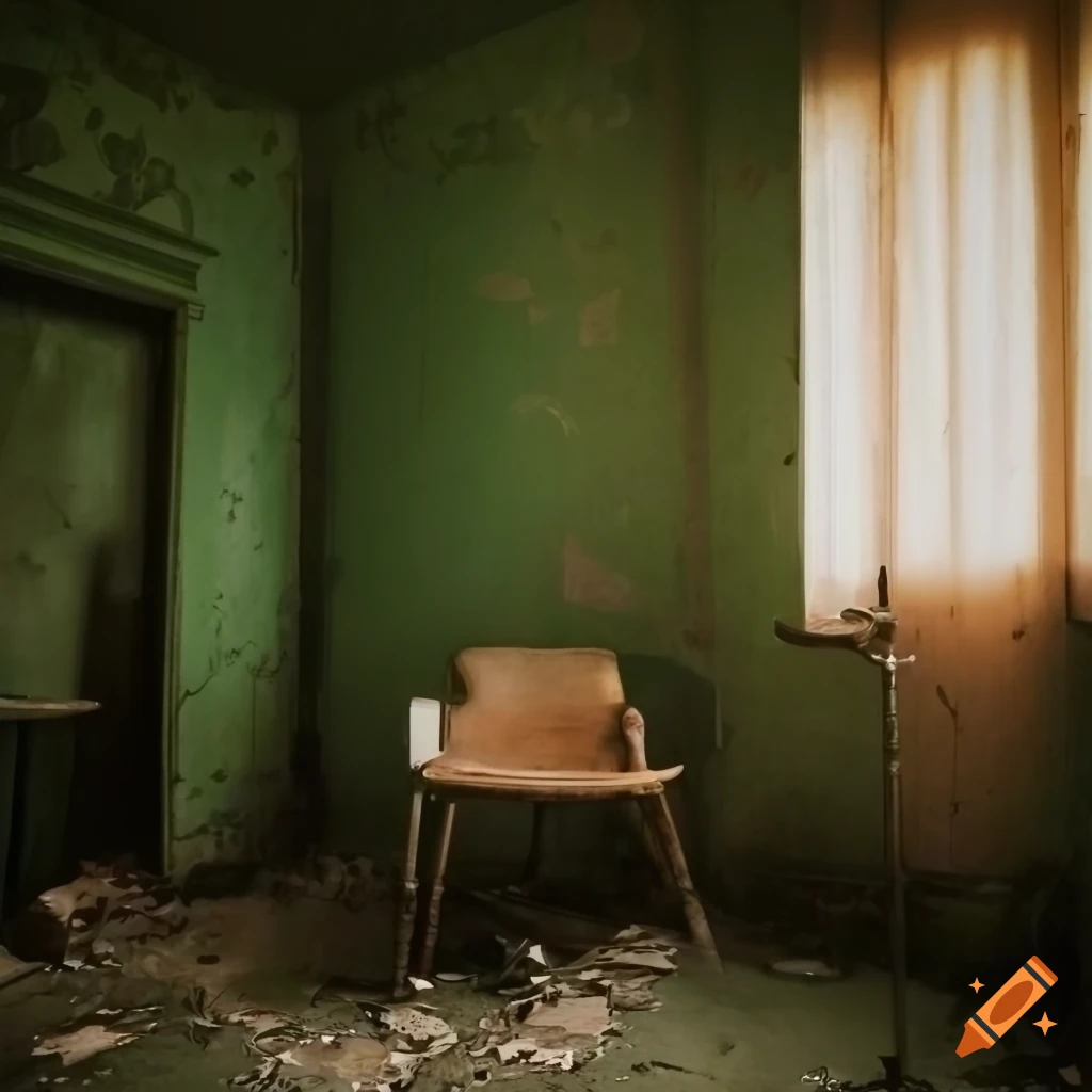 Abandoned ornate room with peeling peach paint and missing wall leading