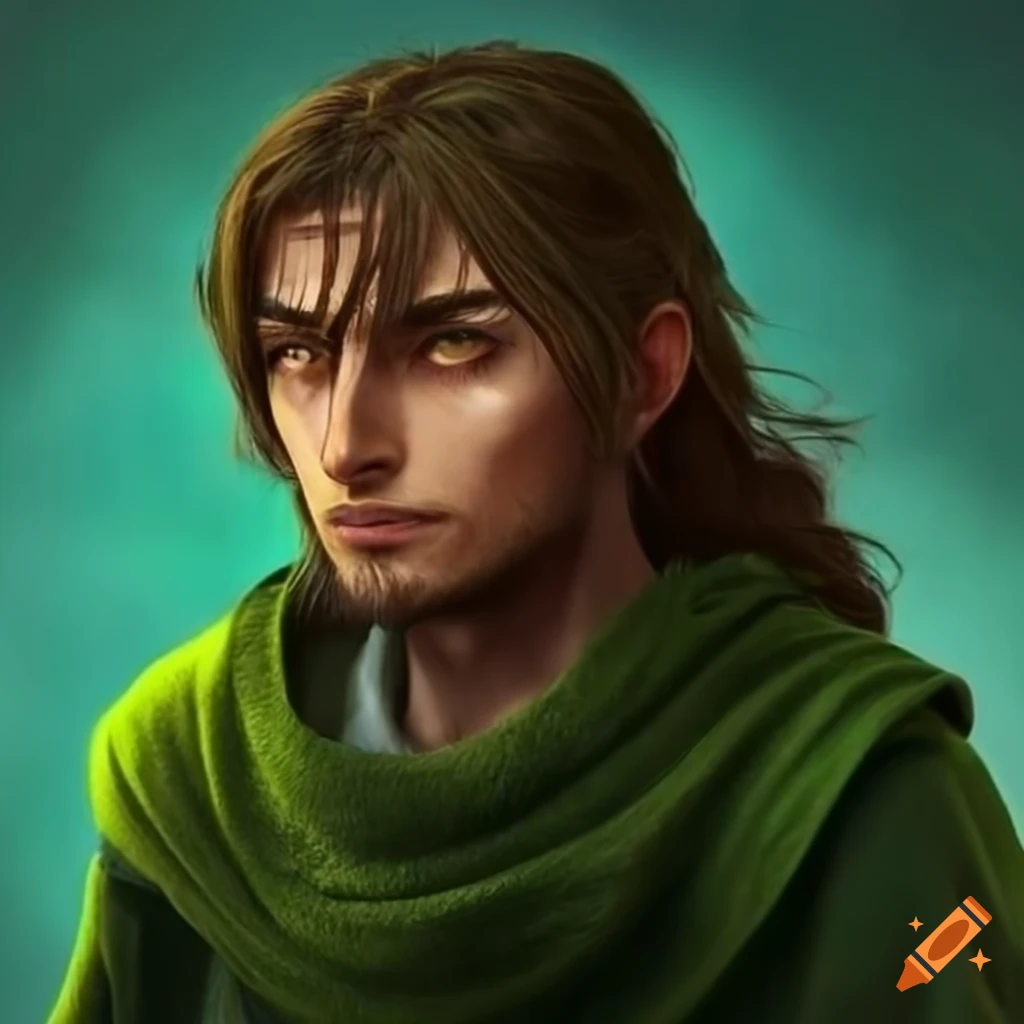 Portrait of a man with brown hair and eyes in a deep green tunic on Craiyon