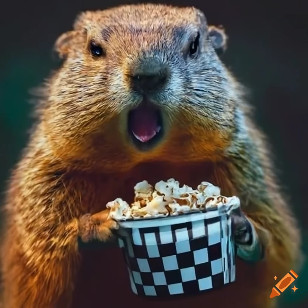 Groundhog holding a box of movie popcorn