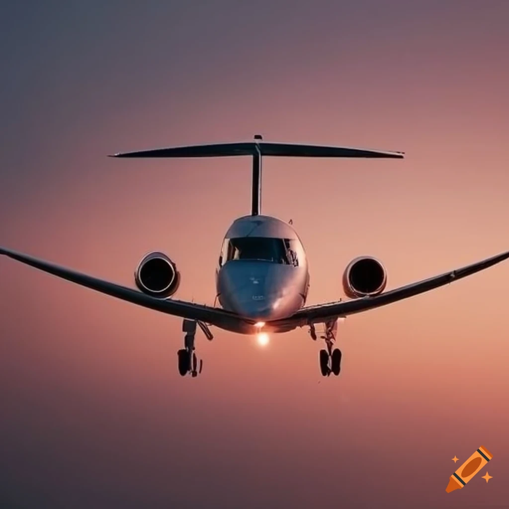 Private jet flying against a peaceful sunset on Craiyon