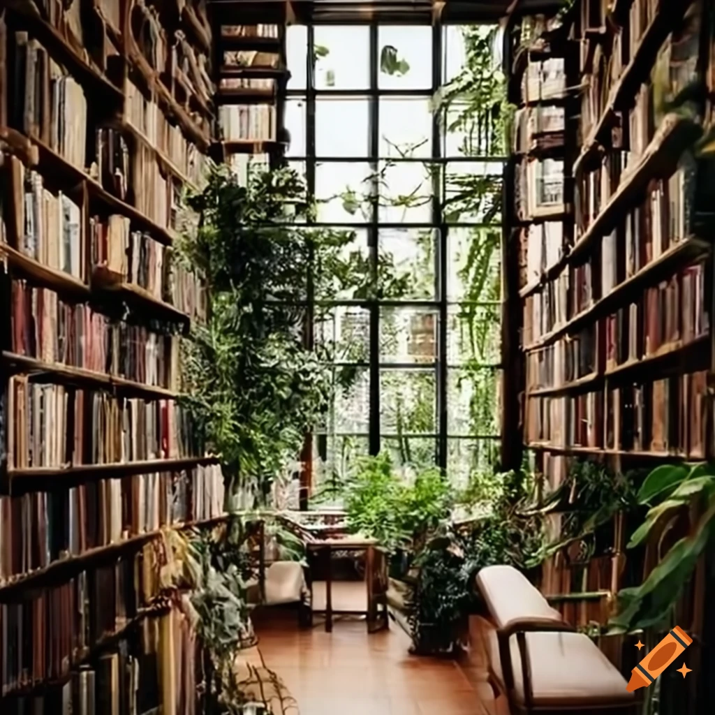 Cozy library filled with plants in a glasshouse setting on Craiyon