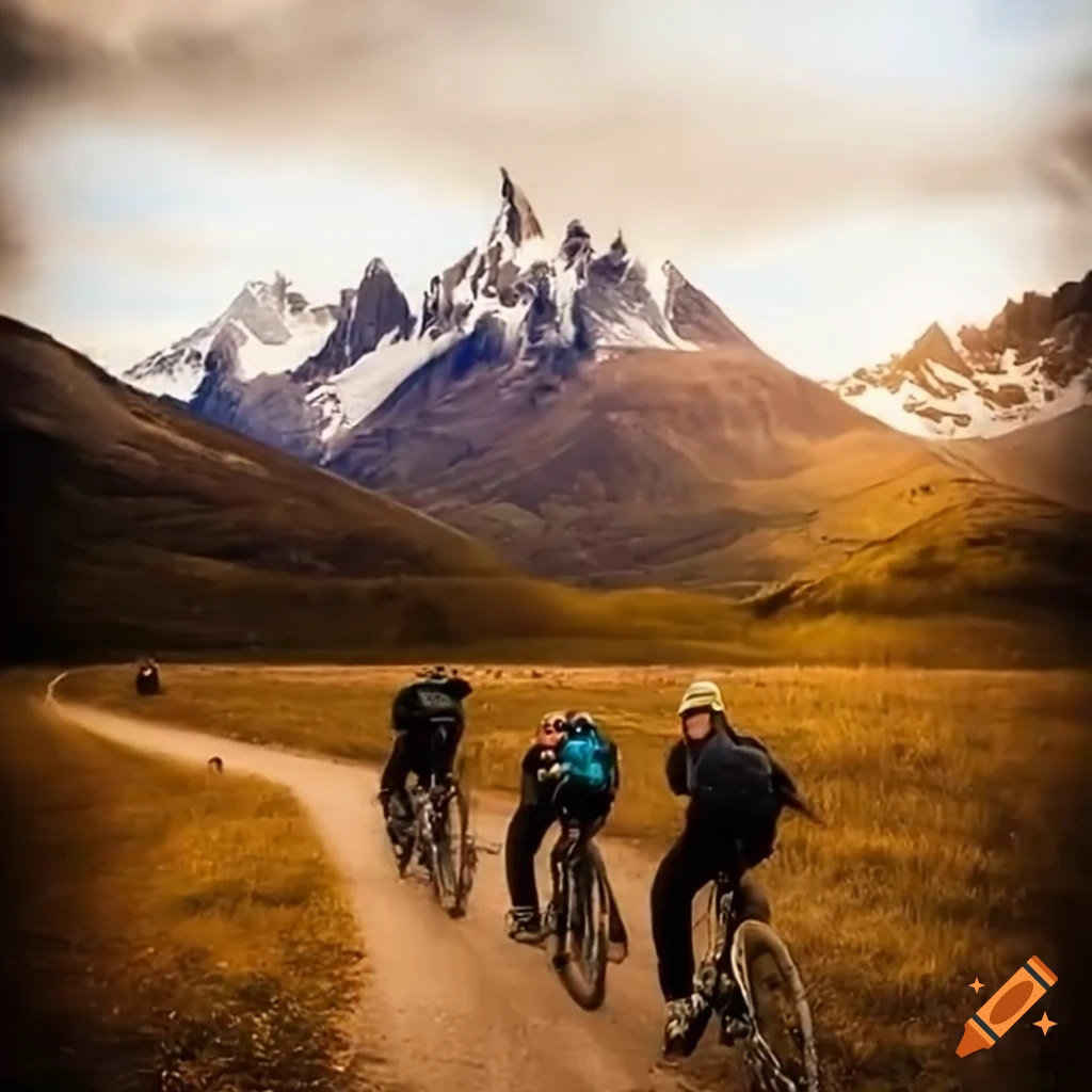 Men biking up a mountain in Patagonia