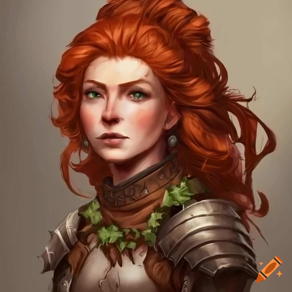 Portrait of a wood elf pathfinder with red hair, leather armor, and a