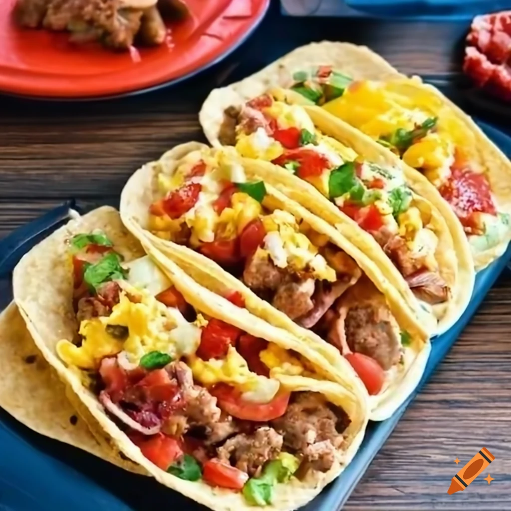 Breakfast taco bar with scrambled eggs, bacon, cheese, and salsa on Craiyon