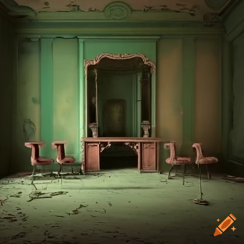 Abandoned ornate room with peeling paint and missing wall leading to a