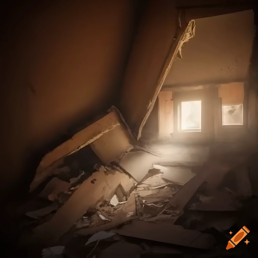 Collapsed floor of a sunny abandoned attic with glowing fog