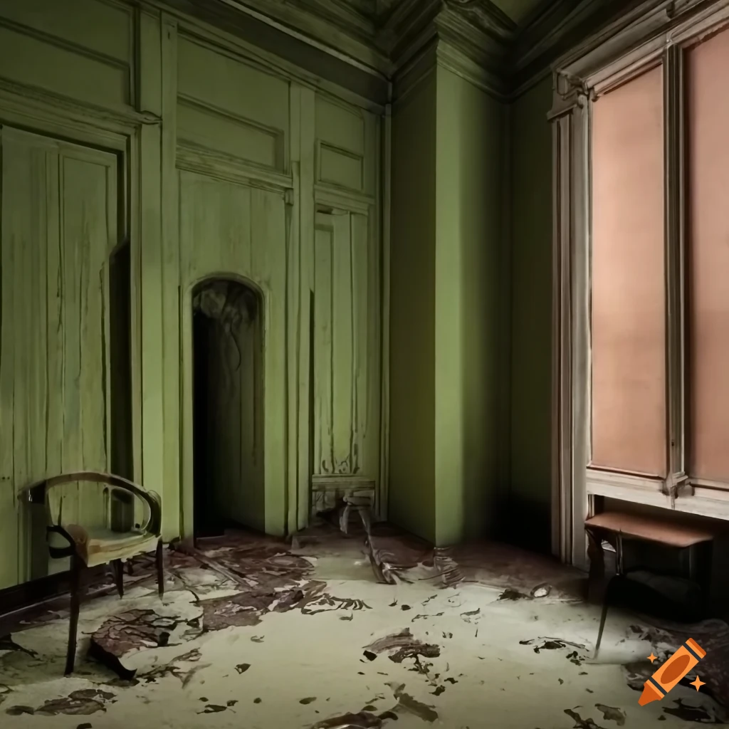 Abandoned ornate room with peeling paint and missing wall leading to a