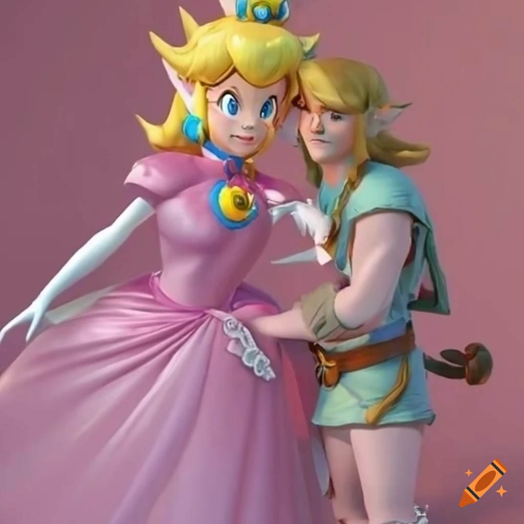 Princess peach and link posing together in pink silk ballgowns on Craiyon