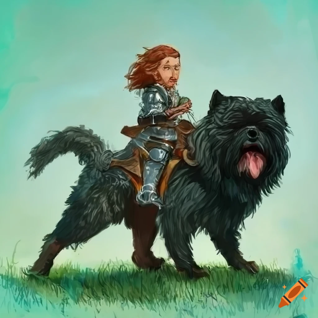 Silly halfling Knight riding a Bouvier des Flandres on Craiyon