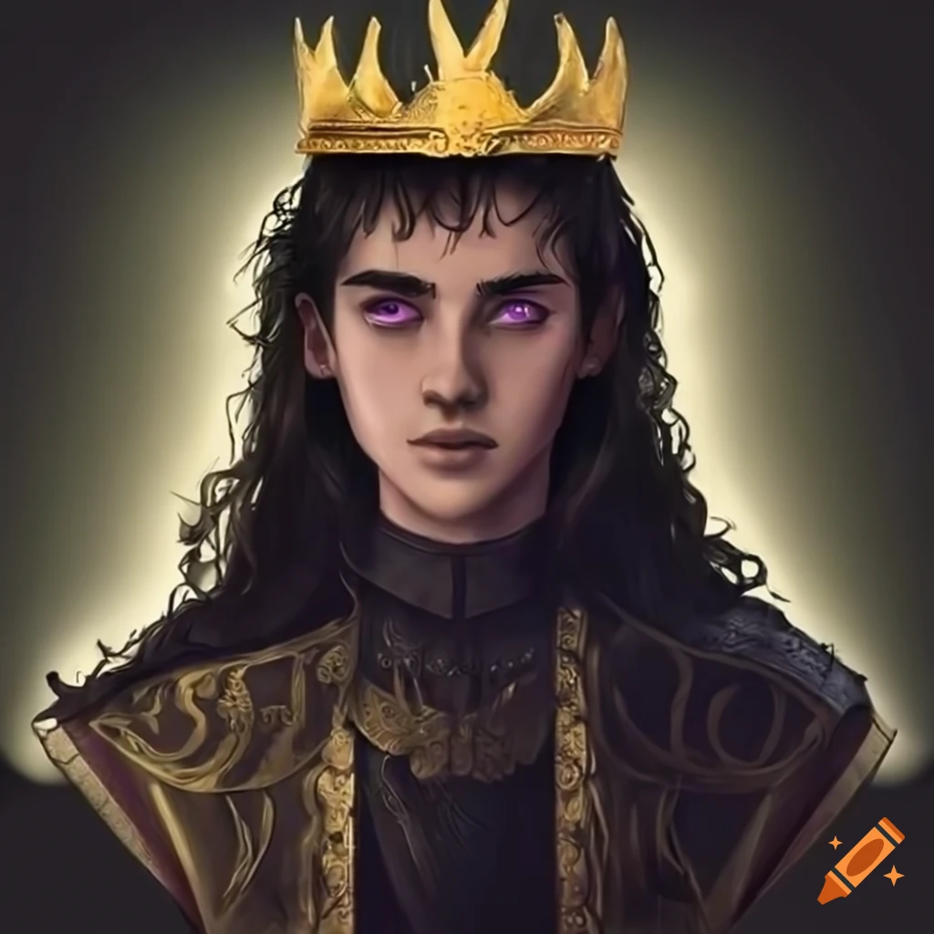 Young king with purple eyes and long black hair wearing a golden crown ...