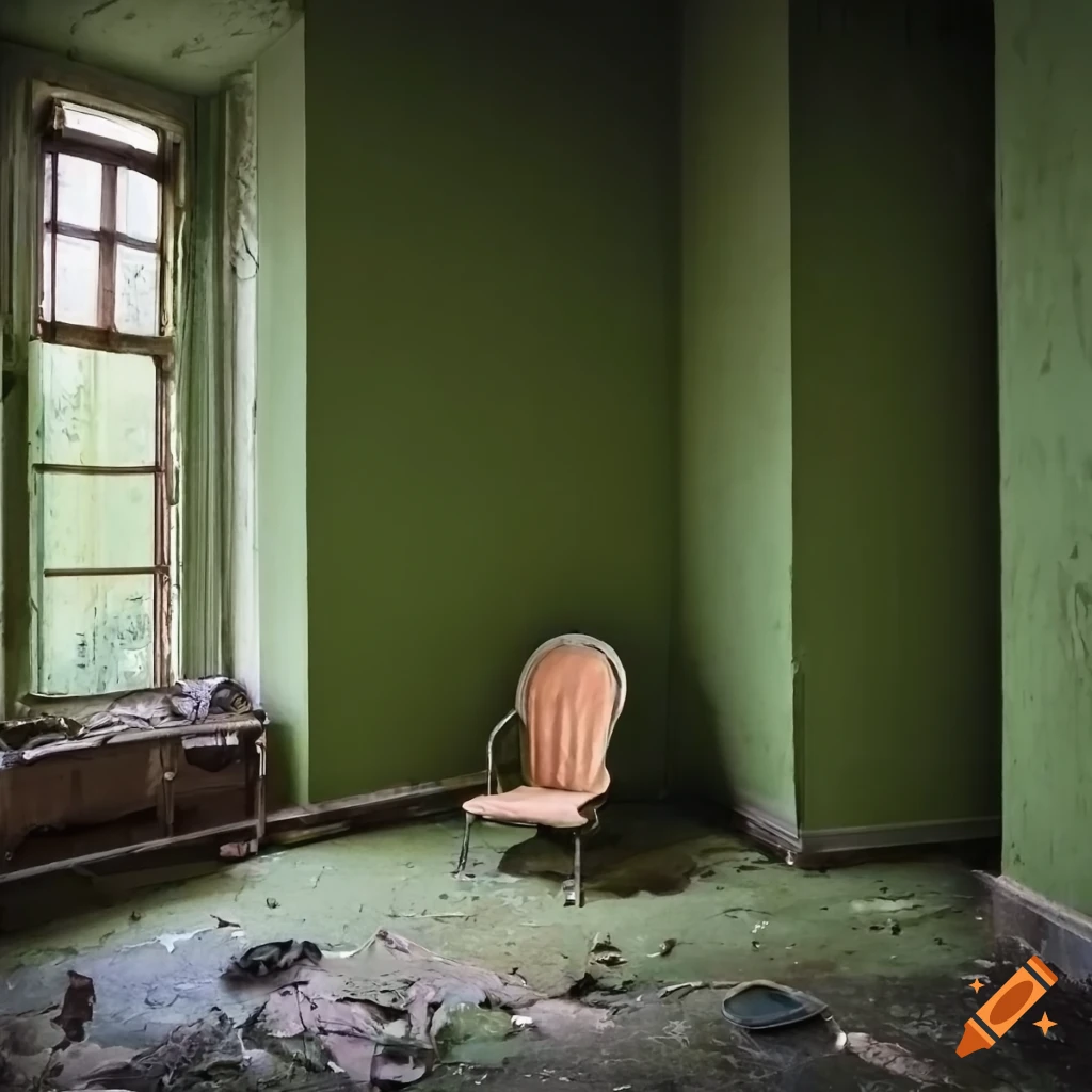 Abandoned ornate room with peeling paint and a missing wall leading to