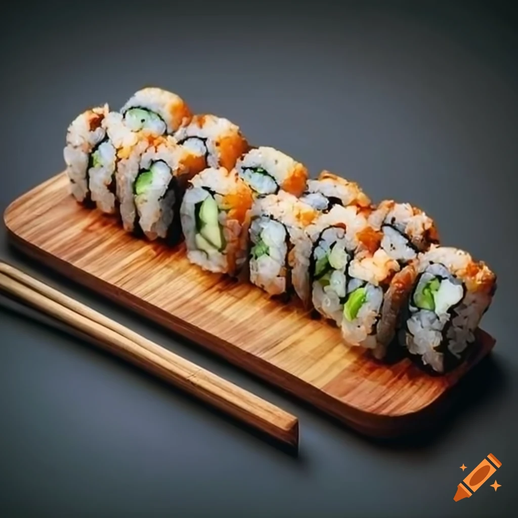 Fresh sushi rolls artfully arranged on a wooden board