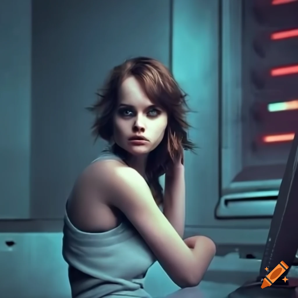 Confident young woman with a mysterious expression in a retro-futuristic sci-fi canteen