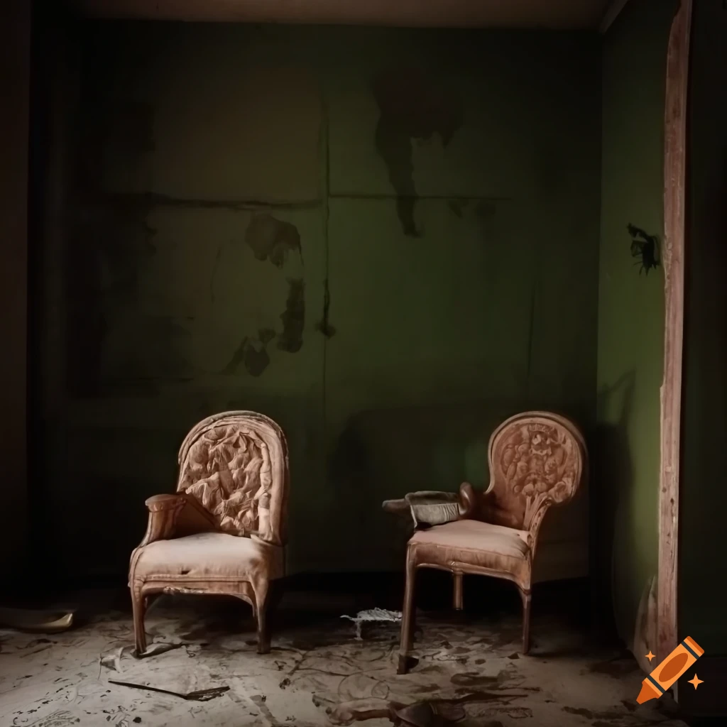 Abandoned ornate room with peeling paint and a missing wall leading to